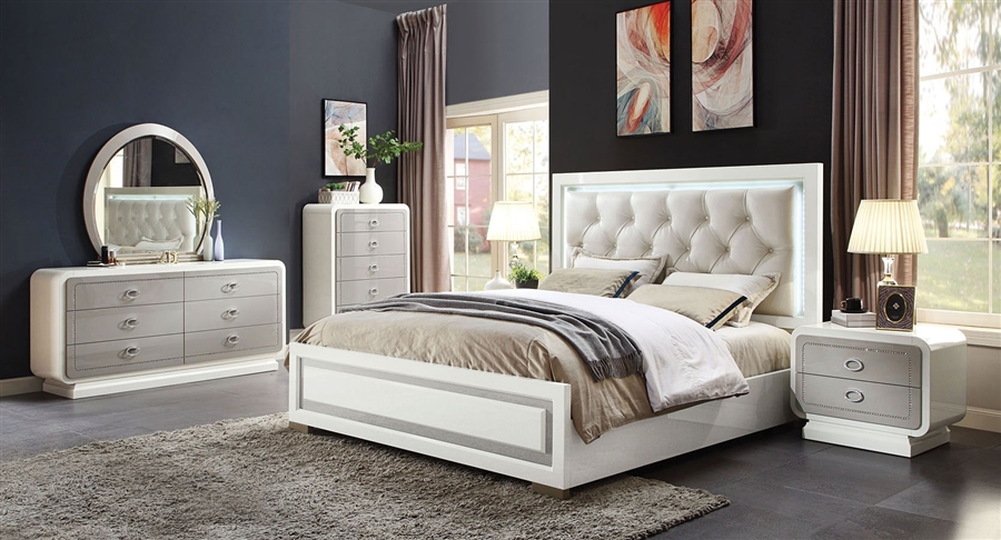 Allendale Panel Bed 6 Piece Bedroom Set In Ivory Latte High Gloss Finish By Acme 20200