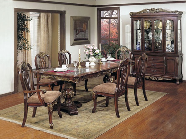 Bordeaux Marble Top, Gold Brushed 7 Piece Dining Set in Distressed ...