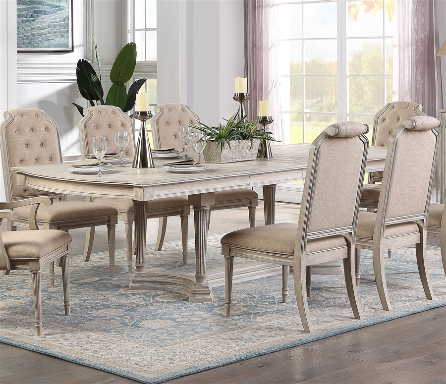 Wynsor 7 Piece Dining Room Set in Fabric & Antique Champagne