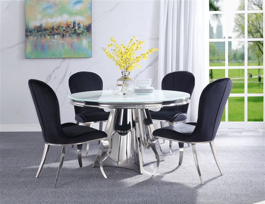 Hiero 5 Piece Round Table Dining Room Set in Frosted White Glass & Stainless Steel Finish by Acme - 72490