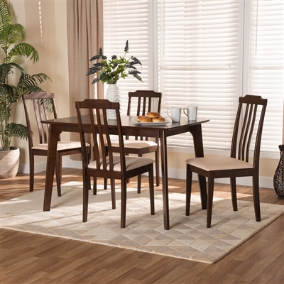 Clarissa 5 Piece Dining Room Set in Cream Fabric and Dark Brown