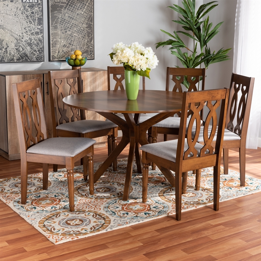 Callie 7 Piece Round Table Dining Room Set in Grey Fabric and Walnut ...