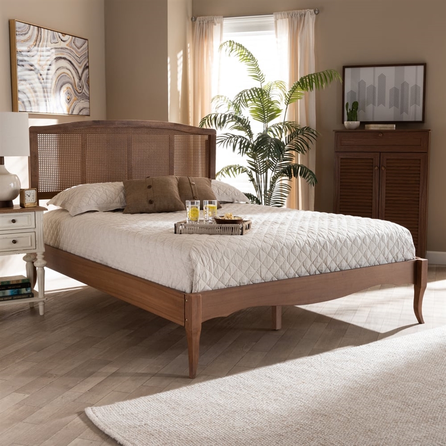 Marieke Platform Bed in Ash Wanut and Synthetic Rattan Finish by Baxton ...