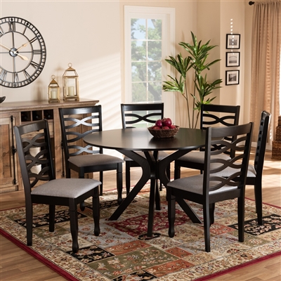 Mila 7 Piece Round Table Dining Room Set in Grey Fabric and Dark Brown ...