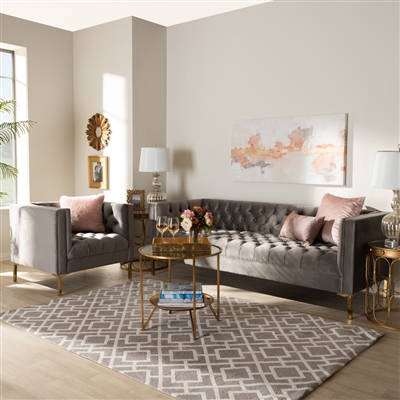 Zanetta Glam and Luxe Grey Velvet 2-Piece Living Room Set by Baxton Studio  - BAX-TSF-7723-Grey/Gold-2PC Set