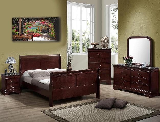 Louis Philip 6 Piece Marble Bedroom Suite In Distressed Dark Cherry Finish By Crown Mark B3750