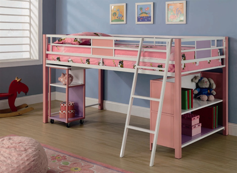 pink bunk bed with desk