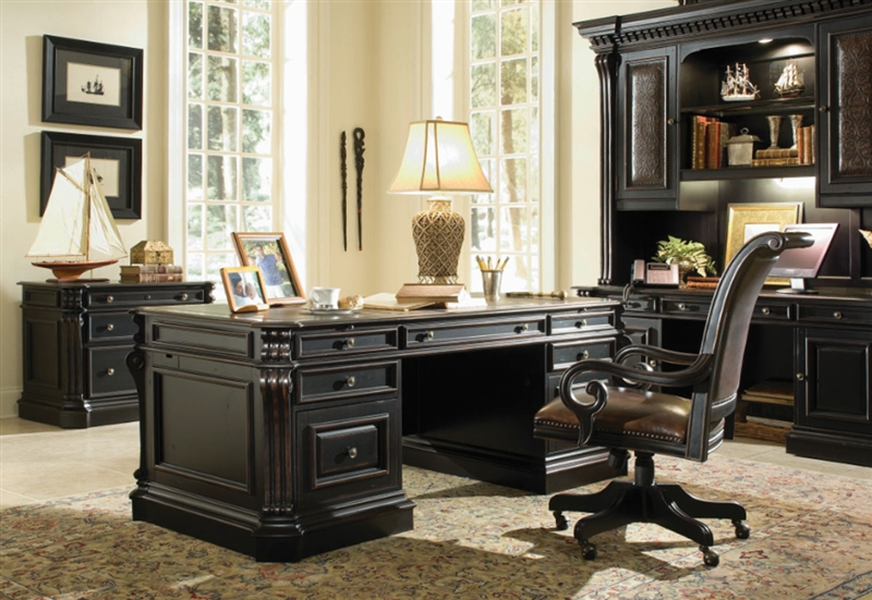 Telluride Distressed Black Finish Executive Desk With Leather