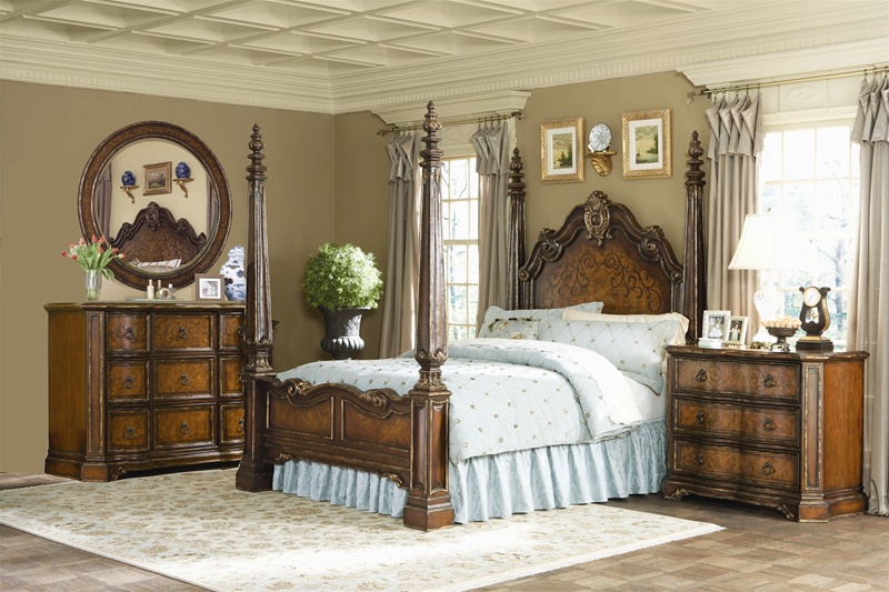 Beladora Poster Bed 6 Piece Bedroom Set In Caramel With Gold Tipping Finish By Hooker Furniture Hf 698 90 007