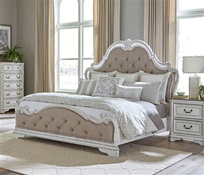 Magnolia Manor Panel Upholstered Mirrored Bed in Antique White Finish ...