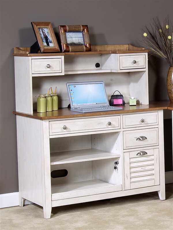 Ocean Isle Computer Credenza Hutch In Bisque With Natural Pine