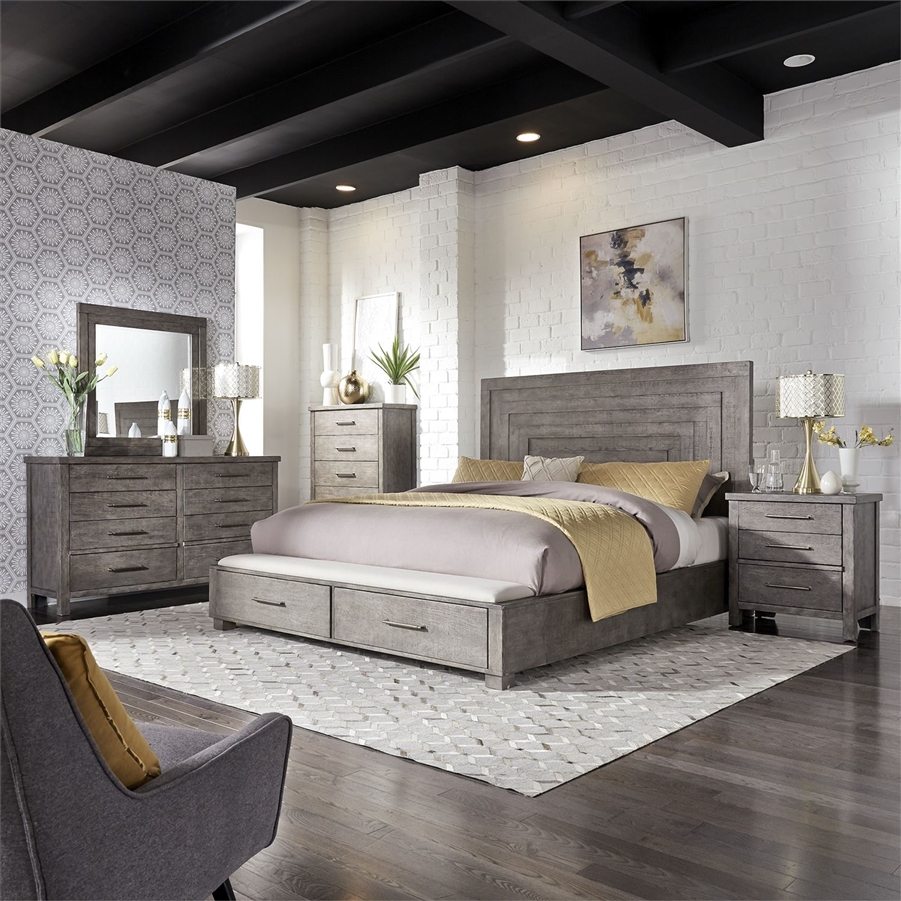 Modern Farmhouse Storage Bed 6 Piece Bedroom Set In Distressed Dusty   LIB 406 BR QSBDMN 2 