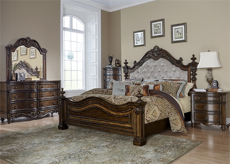 Chamberlain Court Upholstered Bed 6 Piece Bedroom Set In Rich Auburn Finish With Gold Tipped Highlights By Liberty Furniture Lib 491 Br
