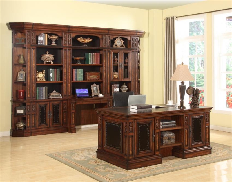 Leonardo 6 Piece Bookcase Library Wall With Desk In Antique