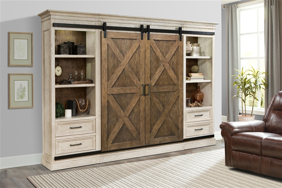 Savannah 5 Piece Sliding X Barn Door Entertainment Wall In Antique White And Oak Finish By Parker House Sav 1063 5x