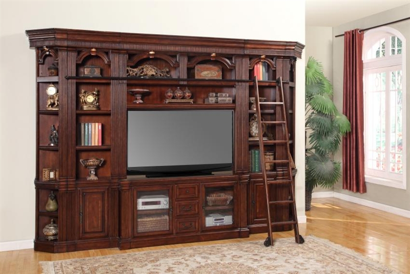 Wellington 4 Piece Bookcase Library Wall With Bar Unit In Vintage Brown Mahogany Finish By